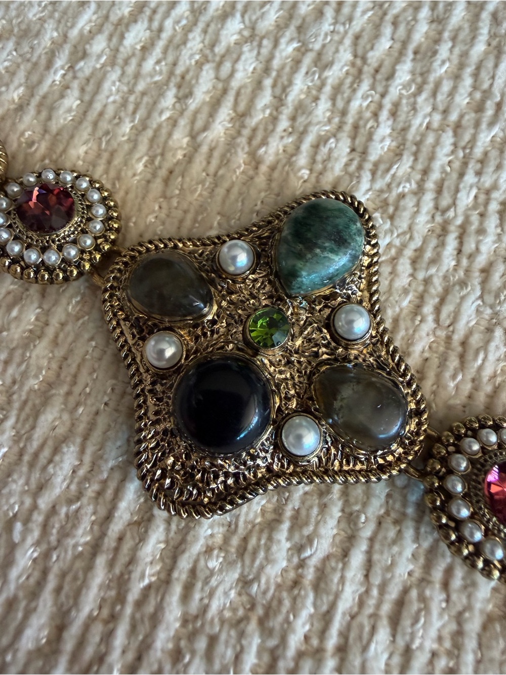 Zara Gold-Tone Multi-Stone Statement chain belt w/Pearls - Green & Black Accents